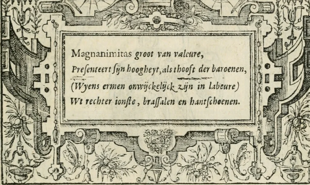 An illustration from Sommare beschrijuinghe vãde triumphelijcke incomst vanden doorluchtighen ende hooghgheboren aerts-hertoge Matthias : binnen die princelijcke stadt van Brussele : in t'iaer ons Heeren M.D.LXXVIII. den xviij dach Januarij : midtsgaders die tanneelen, poincten, figuren ende spectaculen, die inde voorseyde incompste (ter eeren van sijne doorluchticheyt) zijn verthoont ghevveest, met meer ander saken, die doen ter tijt gheschiet zijn, 1579, leaf 42