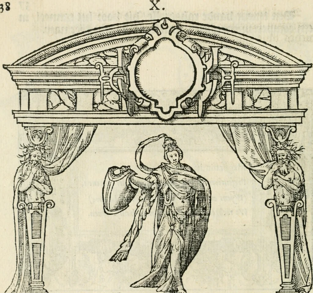 An illustration from Sommare beschrijuinghe vãde triumphelijcke incomst vanden doorluchtighen ende hooghgheboren aerts-hertoge Matthias : binnen die princelijcke stadt van Brussele : in t'iaer ons Heeren M.D.LXXVIII. den xviij dach Januarij : midtsgaders die tanneelen, poincten, figuren ende spectaculen, die inde voorseyde incompste (ter eeren van sijne doorluchticheyt) zijn verthoont ghevveest, met meer ander saken, die doen ter tijt gheschiet zijn, 1579, leaf 43