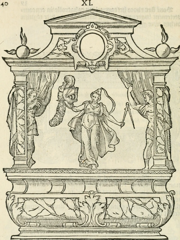 An illustration from Sommare beschrijuinghe vãde triumphelijcke incomst vanden doorluchtighen ende hooghgheboren aerts-hertoge Matthias : binnen die princelijcke stadt van Brussele : in t'iaer ons Heeren M.D.LXXVIII. den xviij dach Januarij : midtsgaders die tanneelen, poincten, figuren ende spectaculen, die inde voorseyde incompste (ter eeren van sijne doorluchticheyt) zijn verthoont ghevveest, met meer ander saken, die doen ter tijt gheschiet zijn, 1579, leaf 45