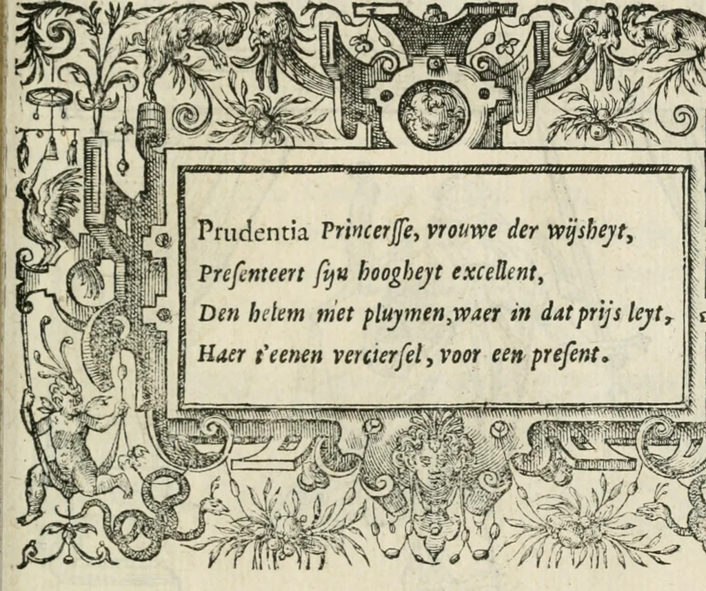 An illustration from Sommare beschrijuinghe vãde triumphelijcke incomst vanden doorluchtighen ende hooghgheboren aerts-hertoge Matthias : binnen die princelijcke stadt van Brussele : in t'iaer ons Heeren M.D.LXXVIII. den xviij dach Januarij : midtsgaders die tanneelen, poincten, figuren ende spectaculen, die inde voorseyde incompste (ter eeren van sijne doorluchticheyt) zijn verthoont ghevveest, met meer ander saken, die doen ter tijt gheschiet zijn, 1579, leaf 46