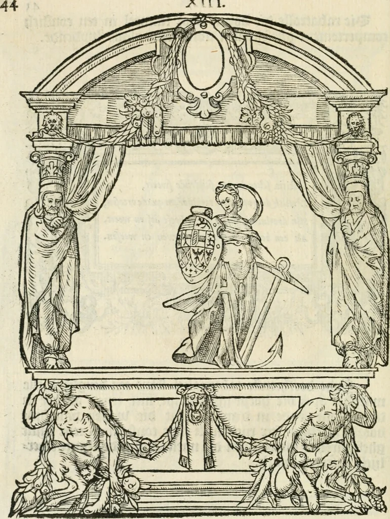 An illustration from Sommare beschrijuinghe vãde triumphelijcke incomst vanden doorluchtighen ende hooghgheboren aerts-hertoge Matthias : binnen die princelijcke stadt van Brussele : in t'iaer ons Heeren M.D.LXXVIII. den xviij dach Januarij : midtsgaders die tanneelen, poincten, figuren ende spectaculen, die inde voorseyde incompste (ter eeren van sijne doorluchticheyt) zijn verthoont ghevveest, met meer ander saken, die doen ter tijt gheschiet zijn, 1579, leaf 49