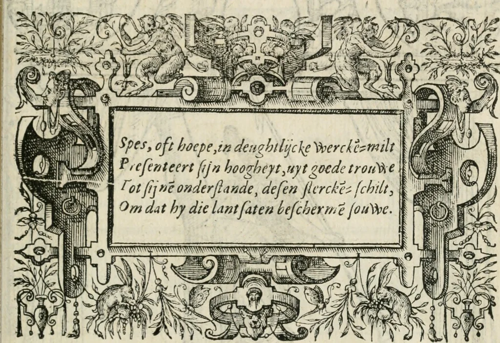 An illustration from Sommare beschrijuinghe vãde triumphelijcke incomst vanden doorluchtighen ende hooghgheboren aerts-hertoge Matthias : binnen die princelijcke stadt van Brussele : in t'iaer ons Heeren M.D.LXXVIII. den xviij dach Januarij : midtsgaders die tanneelen, poincten, figuren ende spectaculen, die inde voorseyde incompste (ter eeren van sijne doorluchticheyt) zijn verthoont ghevveest, met meer ander saken, die doen ter tijt gheschiet zijn, 1579, leaf 50