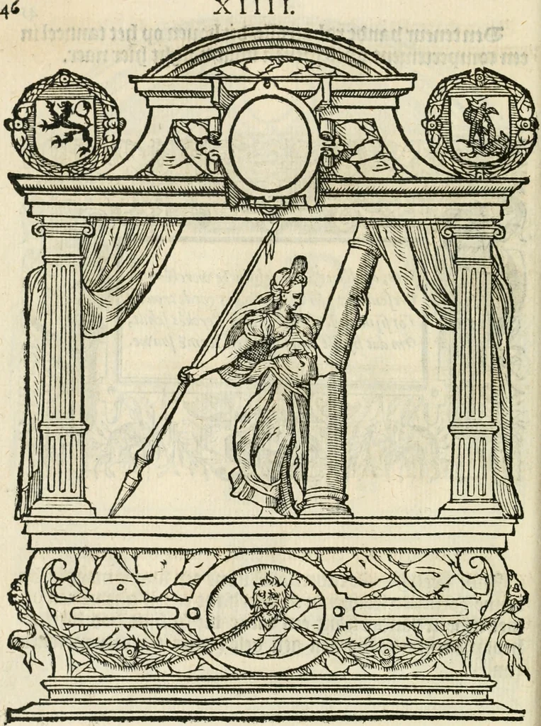 An illustration from Sommare beschrijuinghe vãde triumphelijcke incomst vanden doorluchtighen ende hooghgheboren aerts-hertoge Matthias : binnen die princelijcke stadt van Brussele : in t'iaer ons Heeren M.D.LXXVIII. den xviij dach Januarij : midtsgaders die tanneelen, poincten, figuren ende spectaculen, die inde voorseyde incompste (ter eeren van sijne doorluchticheyt) zijn verthoont ghevveest, met meer ander saken, die doen ter tijt gheschiet zijn, 1579, leaf 51