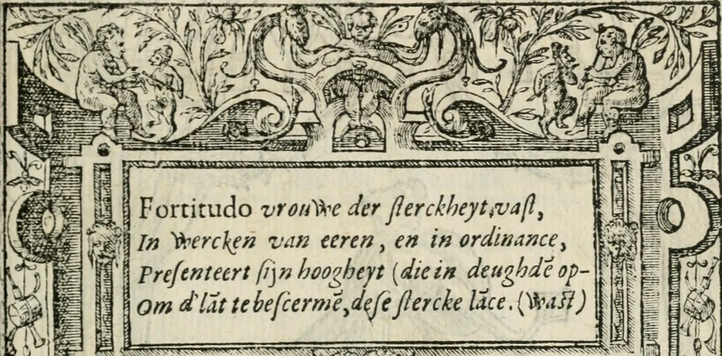 An illustration from Sommare beschrijuinghe vãde triumphelijcke incomst vanden doorluchtighen ende hooghgheboren aerts-hertoge Matthias : binnen die princelijcke stadt van Brussele : in t'iaer ons Heeren M.D.LXXVIII. den xviij dach Januarij : midtsgaders die tanneelen, poincten, figuren ende spectaculen, die inde voorseyde incompste (ter eeren van sijne doorluchticheyt) zijn verthoont ghevveest, met meer ander saken, die doen ter tijt gheschiet zijn, 1579, leaf 52