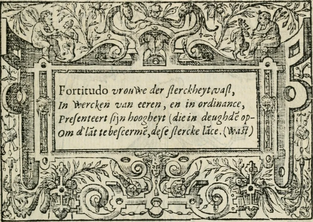 An illustration from Sommare beschrijuinghe vãde triumphelijcke incomst vanden doorluchtighen ende hooghgheboren aerts-hertoge Matthias : binnen die princelijcke stadt van Brussele : in t'iaer ons Heeren M.D.LXXVIII. den xviij dach Januarij : midtsgaders die tanneelen, poincten, figuren ende spectaculen, die inde voorseyde incompste (ter eeren van sijne doorluchticheyt) zijn verthoont ghevveest, met meer ander saken, die doen ter tijt gheschiet zijn, 1579, leaf 52