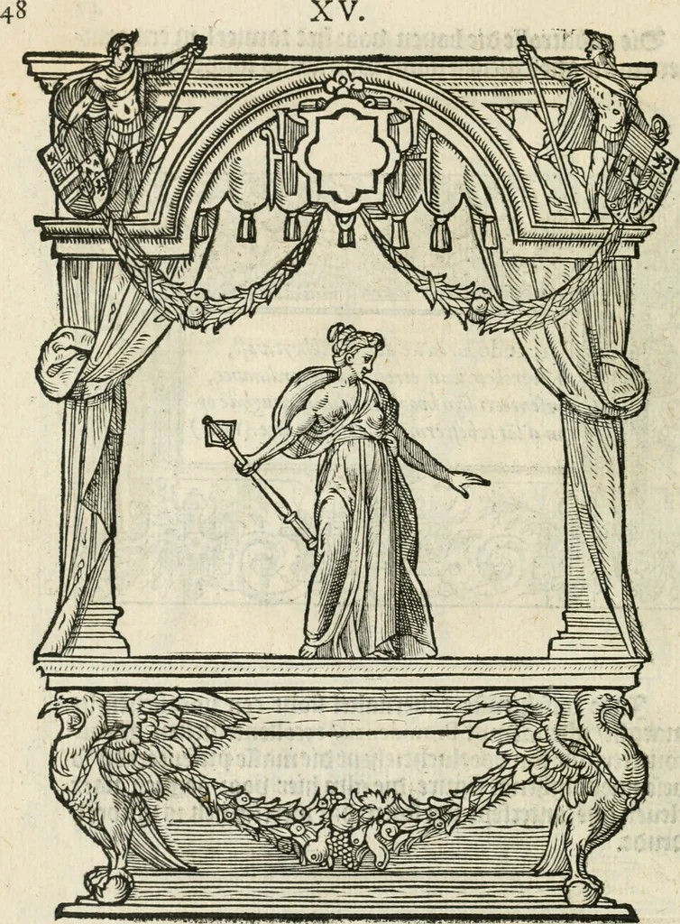 An illustration from Sommare beschrijuinghe vãde triumphelijcke incomst vanden doorluchtighen ende hooghgheboren aerts-hertoge Matthias : binnen die princelijcke stadt van Brussele : in t'iaer ons Heeren M.D.LXXVIII. den xviij dach Januarij : midtsgaders die tanneelen, poincten, figuren ende spectaculen, die inde voorseyde incompste (ter eeren van sijne doorluchticheyt) zijn verthoont ghevveest, met meer ander saken, die doen ter tijt gheschiet zijn, 1579, leaf 53