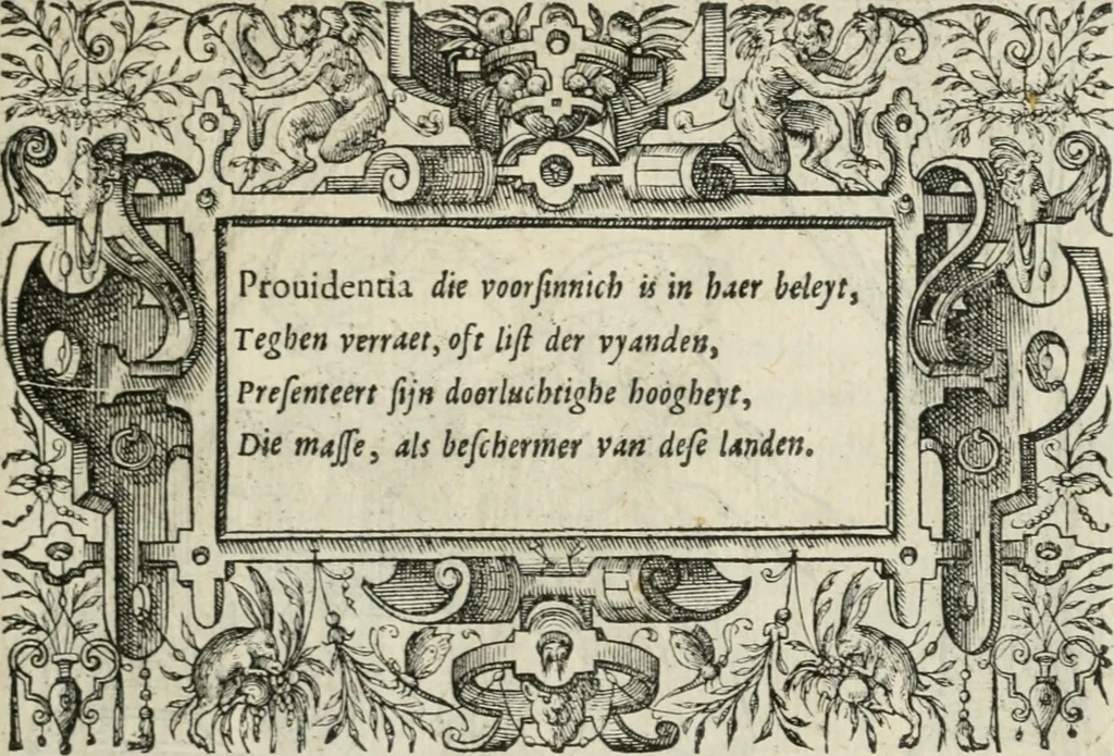 An illustration from Sommare beschrijuinghe vãde triumphelijcke incomst vanden doorluchtighen ende hooghgheboren aerts-hertoge Matthias : binnen die princelijcke stadt van Brussele : in t'iaer ons Heeren M.D.LXXVIII. den xviij dach Januarij : midtsgaders die tanneelen, poincten, figuren ende spectaculen, die inde voorseyde incompste (ter eeren van sijne doorluchticheyt) zijn verthoont ghevveest, met meer ander saken, die doen ter tijt gheschiet zijn, 1579, leaf 54