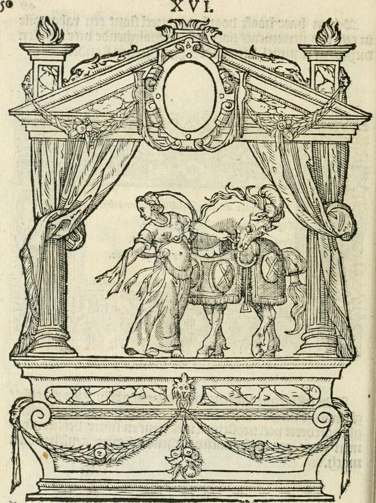 An illustration from Sommare beschrijuinghe vãde triumphelijcke incomst vanden doorluchtighen ende hooghgheboren aerts-hertoge Matthias : binnen die princelijcke stadt van Brussele : in t'iaer ons Heeren M.D.LXXVIII. den xviij dach Januarij : midtsgaders die tanneelen, poincten, figuren ende spectaculen, die inde voorseyde incompste (ter eeren van sijne doorluchticheyt) zijn verthoont ghevveest, met meer ander saken, die doen ter tijt gheschiet zijn, 1579, leaf 55