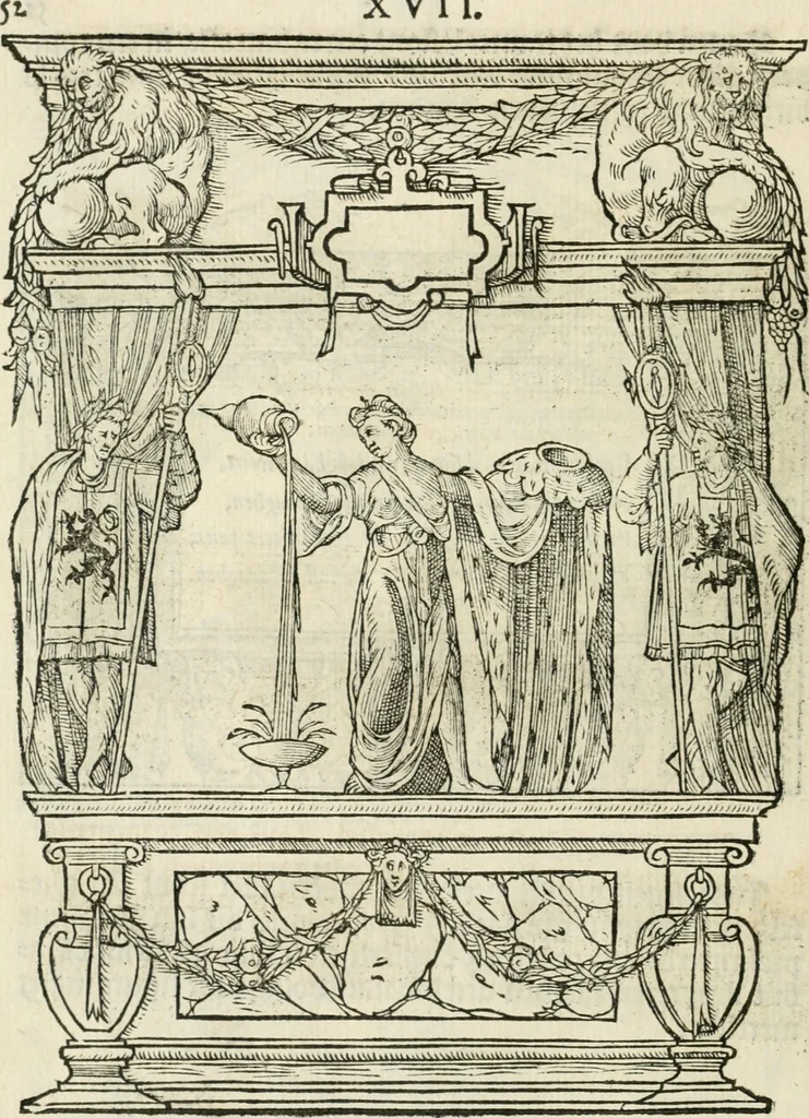 An illustration from Sommare beschrijuinghe vãde triumphelijcke incomst vanden doorluchtighen ende hooghgheboren aerts-hertoge Matthias : binnen die princelijcke stadt van Brussele : in t'iaer ons Heeren M.D.LXXVIII. den xviij dach Januarij : midtsgaders die tanneelen, poincten, figuren ende spectaculen, die inde voorseyde incompste (ter eeren van sijne doorluchticheyt) zijn verthoont ghevveest, met meer ander saken, die doen ter tijt gheschiet zijn, 1579, leaf 57