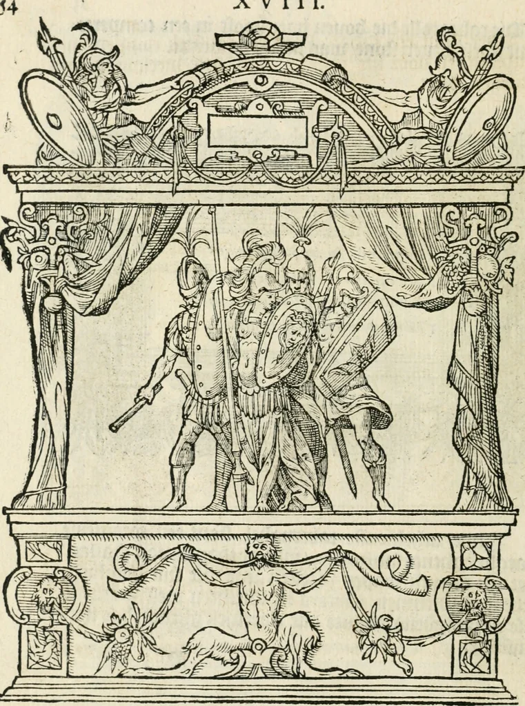 An illustration from Sommare beschrijuinghe vãde triumphelijcke incomst vanden doorluchtighen ende hooghgheboren aerts-hertoge Matthias : binnen die princelijcke stadt van Brussele : in t'iaer ons Heeren M.D.LXXVIII. den xviij dach Januarij : midtsgaders die tanneelen, poincten, figuren ende spectaculen, die inde voorseyde incompste (ter eeren van sijne doorluchticheyt) zijn verthoont ghevveest, met meer ander saken, die doen ter tijt gheschiet zijn, 1579, leaf 59