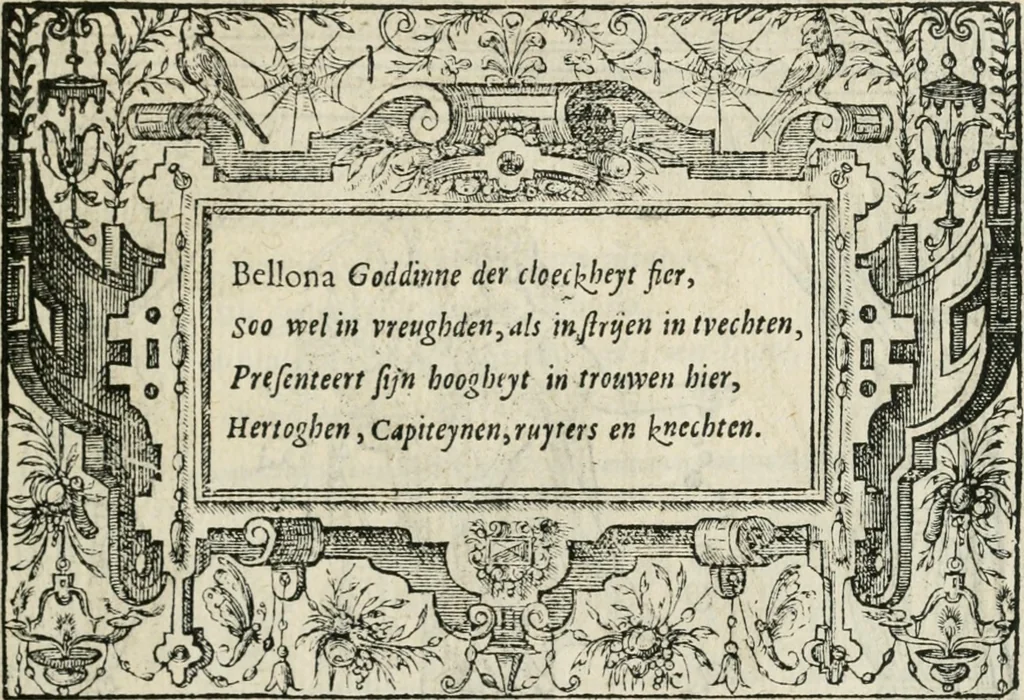 An illustration from Sommare beschrijuinghe vãde triumphelijcke incomst vanden doorluchtighen ende hooghgheboren aerts-hertoge Matthias : binnen die princelijcke stadt van Brussele : in t'iaer ons Heeren M.D.LXXVIII. den xviij dach Januarij : midtsgaders die tanneelen, poincten, figuren ende spectaculen, die inde voorseyde incompste (ter eeren van sijne doorluchticheyt) zijn verthoont ghevveest, met meer ander saken, die doen ter tijt gheschiet zijn, 1579, leaf 60