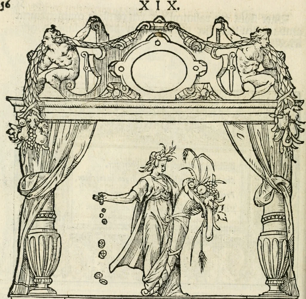 An illustration from Sommare beschrijuinghe vãde triumphelijcke incomst vanden doorluchtighen ende hooghgheboren aerts-hertoge Matthias : binnen die princelijcke stadt van Brussele : in t'iaer ons Heeren M.D.LXXVIII. den xviij dach Januarij : midtsgaders die tanneelen, poincten, figuren ende spectaculen, die inde voorseyde incompste (ter eeren van sijne doorluchticheyt) zijn verthoont ghevveest, met meer ander saken, die doen ter tijt gheschiet zijn, 1579, leaf 61
