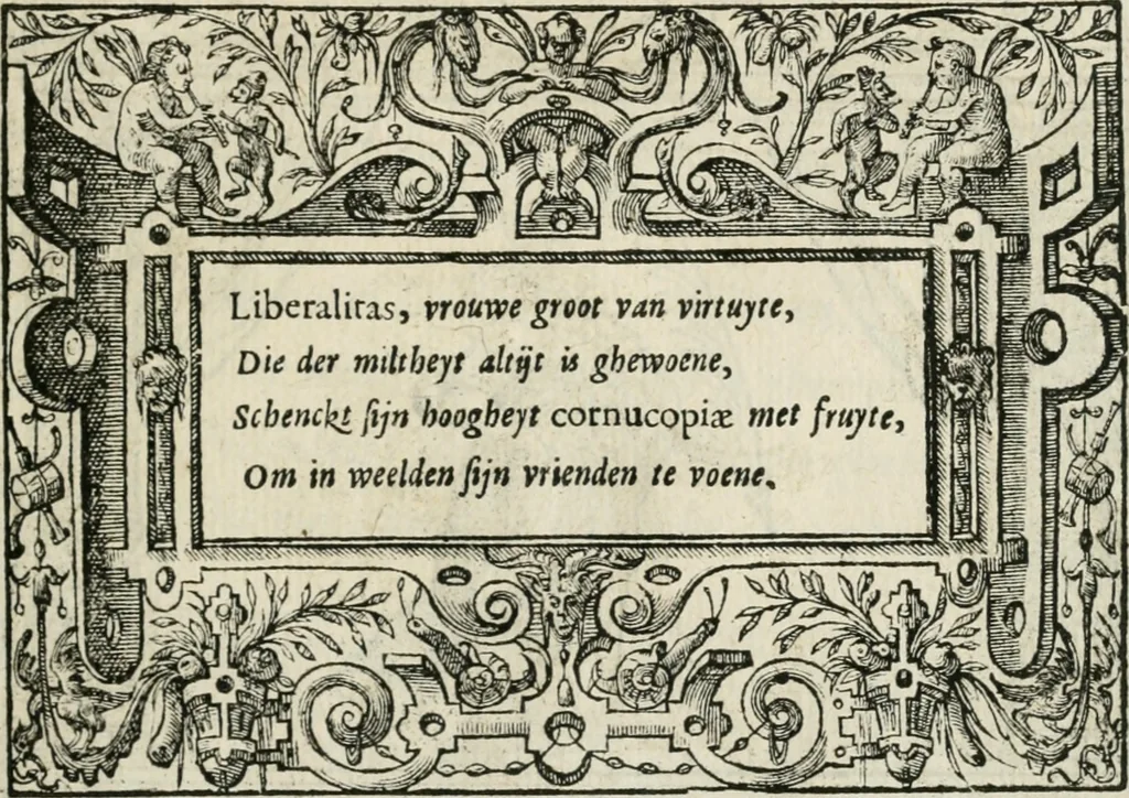 An illustration from Sommare beschrijuinghe vãde triumphelijcke incomst vanden doorluchtighen ende hooghgheboren aerts-hertoge Matthias : binnen die princelijcke stadt van Brussele : in t'iaer ons Heeren M.D.LXXVIII. den xviij dach Januarij : midtsgaders die tanneelen, poincten, figuren ende spectaculen, die inde voorseyde incompste (ter eeren van sijne doorluchticheyt) zijn verthoont ghevveest, met meer ander saken, die doen ter tijt gheschiet zijn, 1579, leaf 62