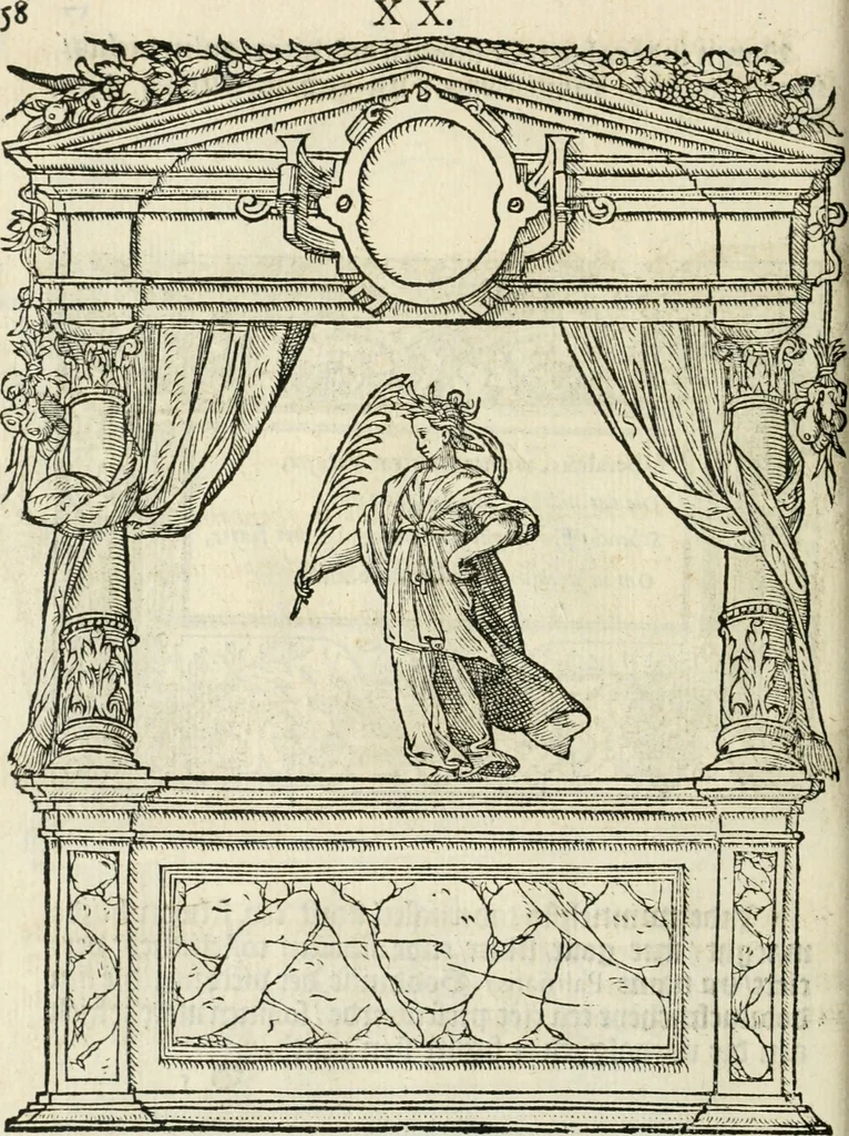 An illustration from Sommare beschrijuinghe vãde triumphelijcke incomst vanden doorluchtighen ende hooghgheboren aerts-hertoge Matthias : binnen die princelijcke stadt van Brussele : in t'iaer ons Heeren M.D.LXXVIII. den xviij dach Januarij : midtsgaders die tanneelen, poincten, figuren ende spectaculen, die inde voorseyde incompste (ter eeren van sijne doorluchticheyt) zijn verthoont ghevveest, met meer ander saken, die doen ter tijt gheschiet zijn, 1579, leaf 63