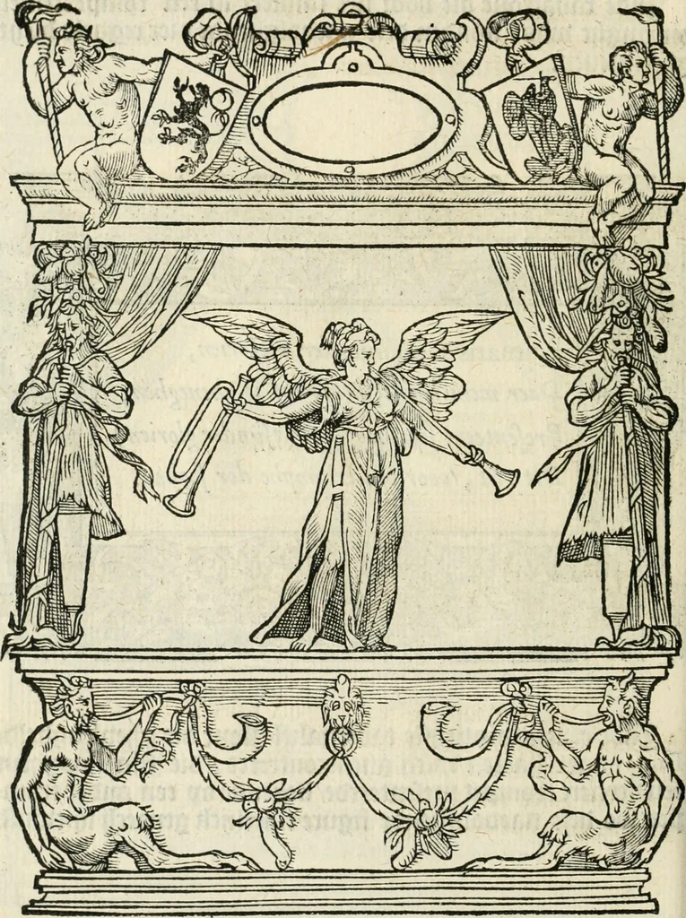 An illustration from Sommare beschrijuinghe vãde triumphelijcke incomst vanden doorluchtighen ende hooghgheboren aerts-hertoge Matthias : binnen die princelijcke stadt van Brussele : in t'iaer ons Heeren M.D.LXXVIII. den xviij dach Januarij : midtsgaders die tanneelen, poincten, figuren ende spectaculen, die inde voorseyde incompste (ter eeren van sijne doorluchticheyt) zijn verthoont ghevveest, met meer ander saken, die doen ter tijt gheschiet zijn, 1579, leaf 65