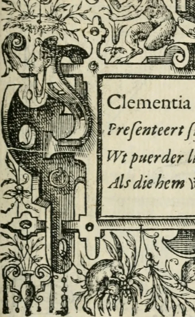An illustration from Sommare beschrijuinghe vãde triumphelijcke incomst vanden doorluchtighen ende hooghgheboren aerts-hertoge Matthias : binnen die princelijcke stadt van Brussele : in t'iaer ons Heeren M.D.LXXVIII. den xviij dach Januarij : midtsgaders die tanneelen, poincten, figuren ende spectaculen, die inde voorseyde incompste (ter eeren van sijne doorluchticheyt) zijn verthoont ghevveest, met meer ander saken, die doen ter tijt gheschiet zijn, 1579, leaf 68