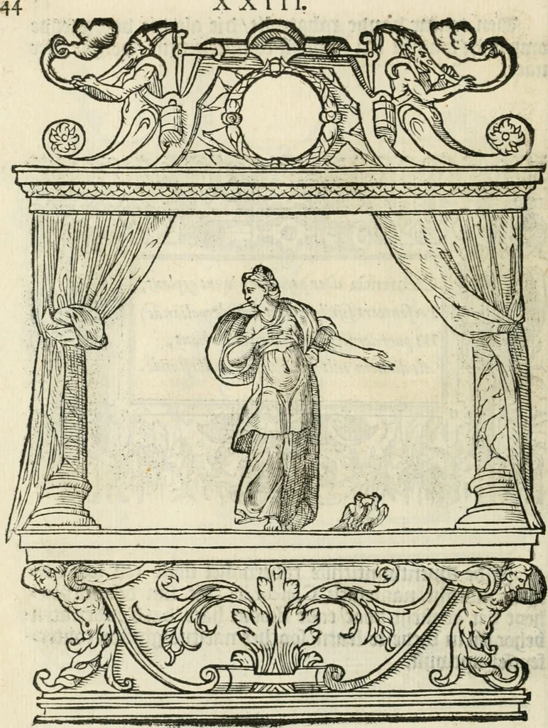 An illustration from Sommare beschrijuinghe vãde triumphelijcke incomst vanden doorluchtighen ende hooghgheboren aerts-hertoge Matthias : binnen die princelijcke stadt van Brussele : in t'iaer ons Heeren M.D.LXXVIII. den xviij dach Januarij : midtsgaders die tanneelen, poincten, figuren ende spectaculen, die inde voorseyde incompste (ter eeren van sijne doorluchticheyt) zijn verthoont ghevveest, met meer ander saken, die doen ter tijt gheschiet zijn, 1579, leaf 69