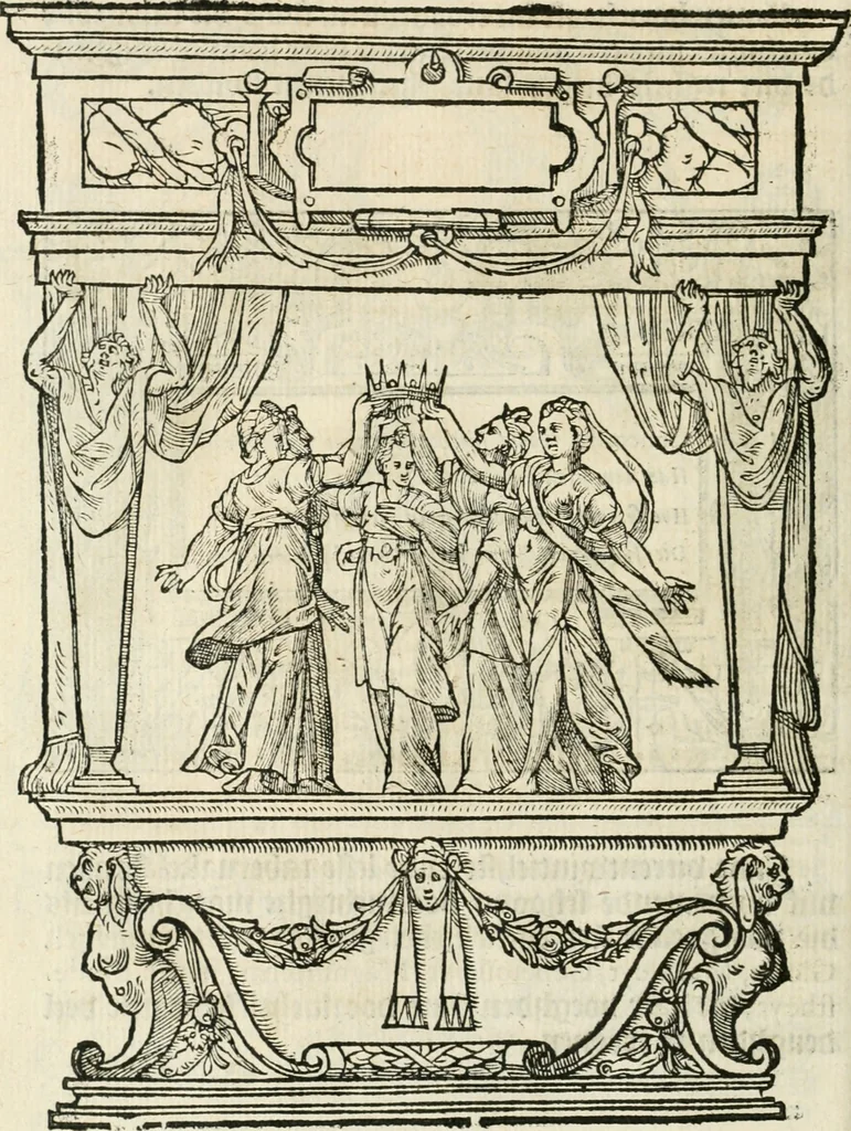 An illustration from Sommare beschrijuinghe vãde triumphelijcke incomst vanden doorluchtighen ende hooghgheboren aerts-hertoge Matthias : binnen die princelijcke stadt van Brussele : in t'iaer ons Heeren M.D.LXXVIII. den xviij dach Januarij : midtsgaders die tanneelen, poincten, figuren ende spectaculen, die inde voorseyde incompste (ter eeren van sijne doorluchticheyt) zijn verthoont ghevveest, met meer ander saken, die doen ter tijt gheschiet zijn, 1579, leaf 71