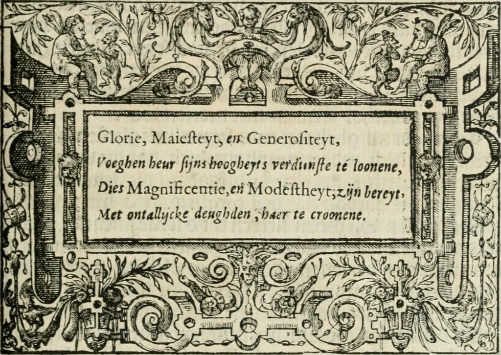 An illustration from Sommare beschrijuinghe vãde triumphelijcke incomst vanden doorluchtighen ende hooghgheboren aerts-hertoge Matthias : binnen die princelijcke stadt van Brussele : in t'iaer ons Heeren M.D.LXXVIII. den xviij dach Januarij : midtsgaders die tanneelen, poincten, figuren ende spectaculen, die inde voorseyde incompste (ter eeren van sijne doorluchticheyt) zijn verthoont ghevveest, met meer ander saken, die doen ter tijt gheschiet zijn, 1579, leaf 72