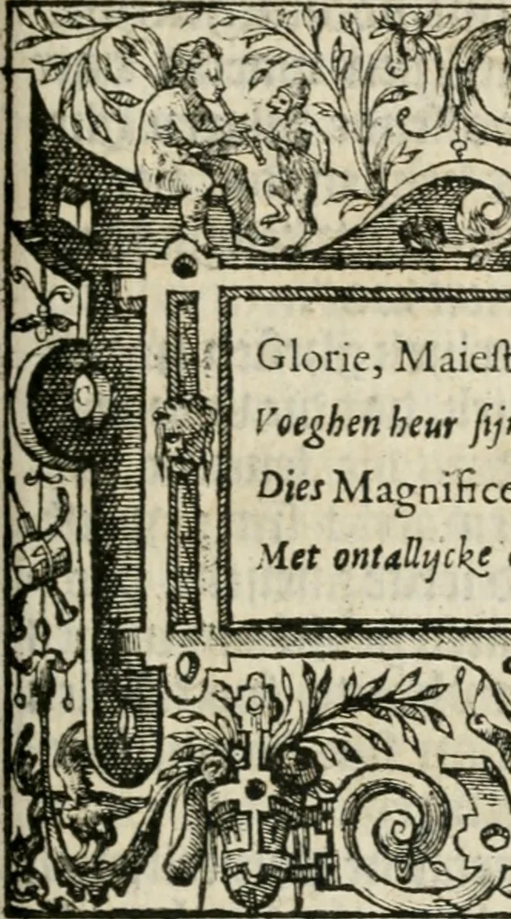 An illustration from Sommare beschrijuinghe vãde triumphelijcke incomst vanden doorluchtighen ende hooghgheboren aerts-hertoge Matthias : binnen die princelijcke stadt van Brussele : in t'iaer ons Heeren M.D.LXXVIII. den xviij dach Januarij : midtsgaders die tanneelen, poincten, figuren ende spectaculen, die inde voorseyde incompste (ter eeren van sijne doorluchticheyt) zijn verthoont ghevveest, met meer ander saken, die doen ter tijt gheschiet zijn, 1579, leaf 72