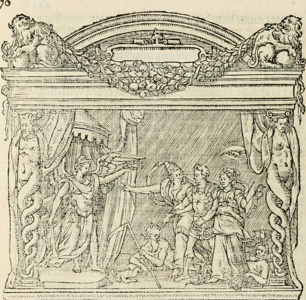 An illustration from Sommare beschrijuinghe vãde triumphelijcke incomst vanden doorluchtighen ende hooghgheboren aerts-hertoge Matthias : binnen die princelijcke stadt van Brussele : in t'iaer ons Heeren M.D.LXXVIII. den xviij dach Januarij : midtsgaders die tanneelen, poincten, figuren ende spectaculen, die inde voorseyde incompste (ter eeren van sijne doorluchticheyt) zijn verthoont ghevveest, met meer ander saken, die doen ter tijt gheschiet zijn, 1579, leaf 75