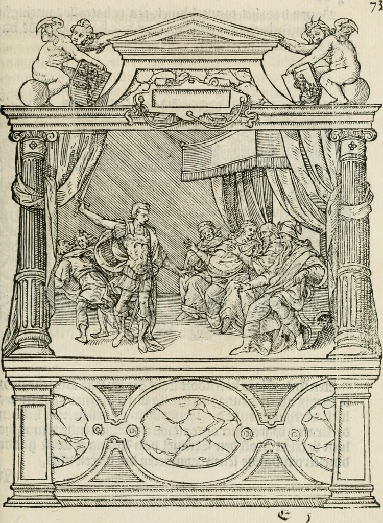 An illustration from Sommare beschrijuinghe vãde triumphelijcke incomst vanden doorluchtighen ende hooghgheboren aerts-hertoge Matthias : binnen die princelijcke stadt van Brussele : in t'iaer ons Heeren M.D.LXXVIII. den xviij dach Januarij : midtsgaders die tanneelen, poincten, figuren ende spectaculen, die inde voorseyde incompste (ter eeren van sijne doorluchticheyt) zijn verthoont ghevveest, met meer ander saken, die doen ter tijt gheschiet zijn, 1579, leaf 78