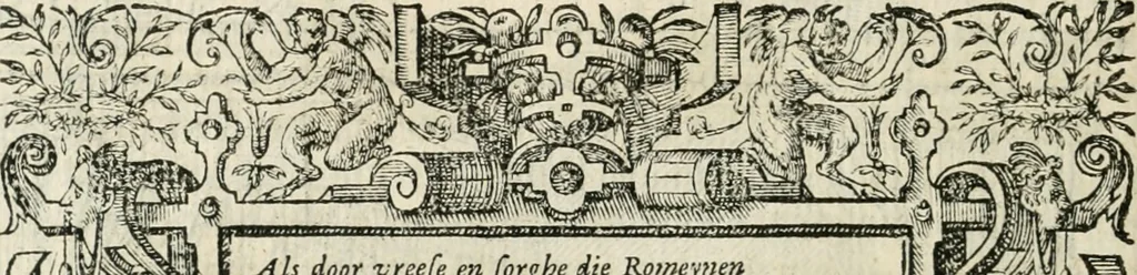 An illustration from Sommare beschrijuinghe vãde triumphelijcke incomst vanden doorluchtighen ende hooghgheboren aerts-hertoge Matthias : binnen die princelijcke stadt van Brussele : in t'iaer ons Heeren M.D.LXXVIII. den xviij dach Januarij : midtsgaders die tanneelen, poincten, figuren ende spectaculen, die inde voorseyde incompste (ter eeren van sijne doorluchticheyt) zijn verthoont ghevveest, met meer ander saken, die doen ter tijt gheschiet zijn, 1579, leaf 79