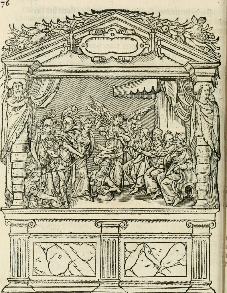 An illustration from Sommare beschrijuinghe vãde triumphelijcke incomst vanden doorluchtighen ende hooghgheboren aerts-hertoge Matthias : binnen die princelijcke stadt van Brussele : in t'iaer ons Heeren M.D.LXXVIII. den xviij dach Januarij : midtsgaders die tanneelen, poincten, figuren ende spectaculen, die inde voorseyde incompste (ter eeren van sijne doorluchticheyt) zijn verthoont ghevveest, met meer ander saken, die doen ter tijt gheschiet zijn, 1579, leaf 81