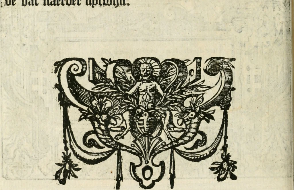 An illustration from Sommare beschrijuinghe vãde triumphelijcke incomst vanden doorluchtighen ende hooghgheboren aerts-hertoge Matthias : binnen die princelijcke stadt van Brussele : in t'iaer ons Heeren M.D.LXXVIII. den xviij dach Januarij : midtsgaders die tanneelen, poincten, figuren ende spectaculen, die inde voorseyde incompste (ter eeren van sijne doorluchticheyt) zijn verthoont ghevveest, met meer ander saken, die doen ter tijt gheschiet zijn, 1579, leaf 83