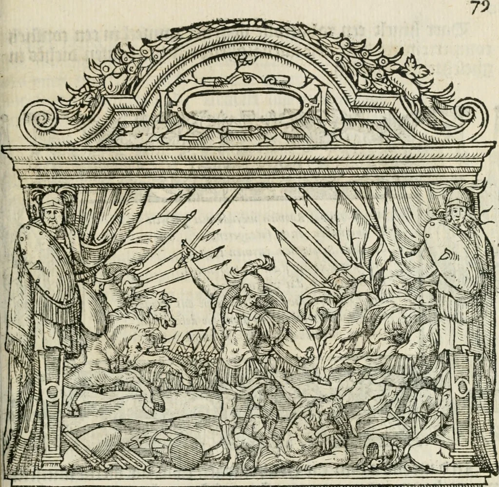 An illustration from Sommare beschrijuinghe vãde triumphelijcke incomst vanden doorluchtighen ende hooghgheboren aerts-hertoge Matthias : binnen die princelijcke stadt van Brussele : in t'iaer ons Heeren M.D.LXXVIII. den xviij dach Januarij : midtsgaders die tanneelen, poincten, figuren ende spectaculen, die inde voorseyde incompste (ter eeren van sijne doorluchticheyt) zijn verthoont ghevveest, met meer ander saken, die doen ter tijt gheschiet zijn, 1579, leaf 84