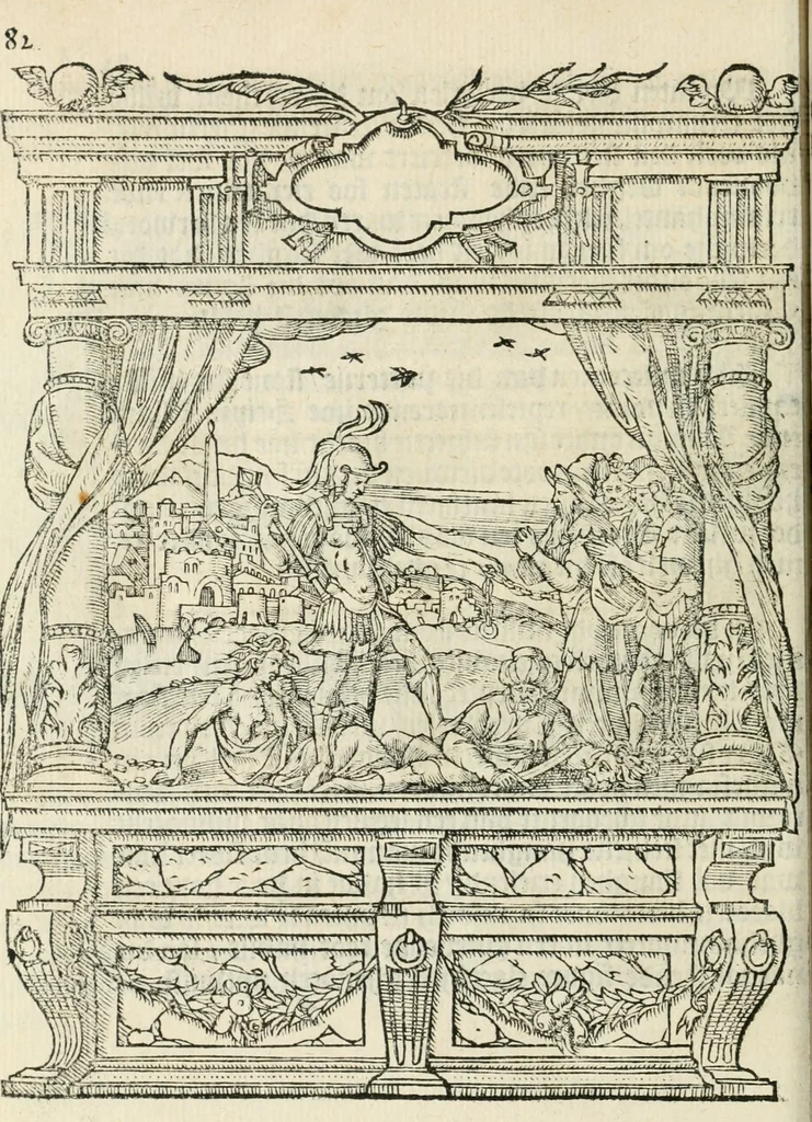 An illustration from Sommare beschrijuinghe vãde triumphelijcke incomst vanden doorluchtighen ende hooghgheboren aerts-hertoge Matthias : binnen die princelijcke stadt van Brussele : in t'iaer ons Heeren M.D.LXXVIII. den xviij dach Januarij : midtsgaders die tanneelen, poincten, figuren ende spectaculen, die inde voorseyde incompste (ter eeren van sijne doorluchticheyt) zijn verthoont ghevveest, met meer ander saken, die doen ter tijt gheschiet zijn, 1579, leaf 87