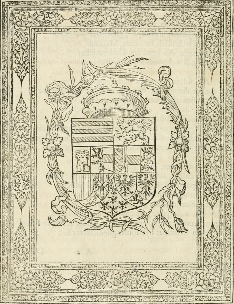 An illustration from Sommare beschrijuinghe vãde triumphelijcke incomst vanden doorluchtighen ende hooghgheboren aerts-hertoge Matthias : binnen die princelijcke stadt van Brussele : in t'iaer ons Heeren M.D.LXXVIII. den xviij dach Januarij : midtsgaders die tanneelen, poincten, figuren ende spectaculen, die inde voorseyde incompste (ter eeren van sijne doorluchticheyt) zijn verthoont ghevveest, met meer ander saken, die doen ter tijt gheschiet zijn, 1579, leaf 9