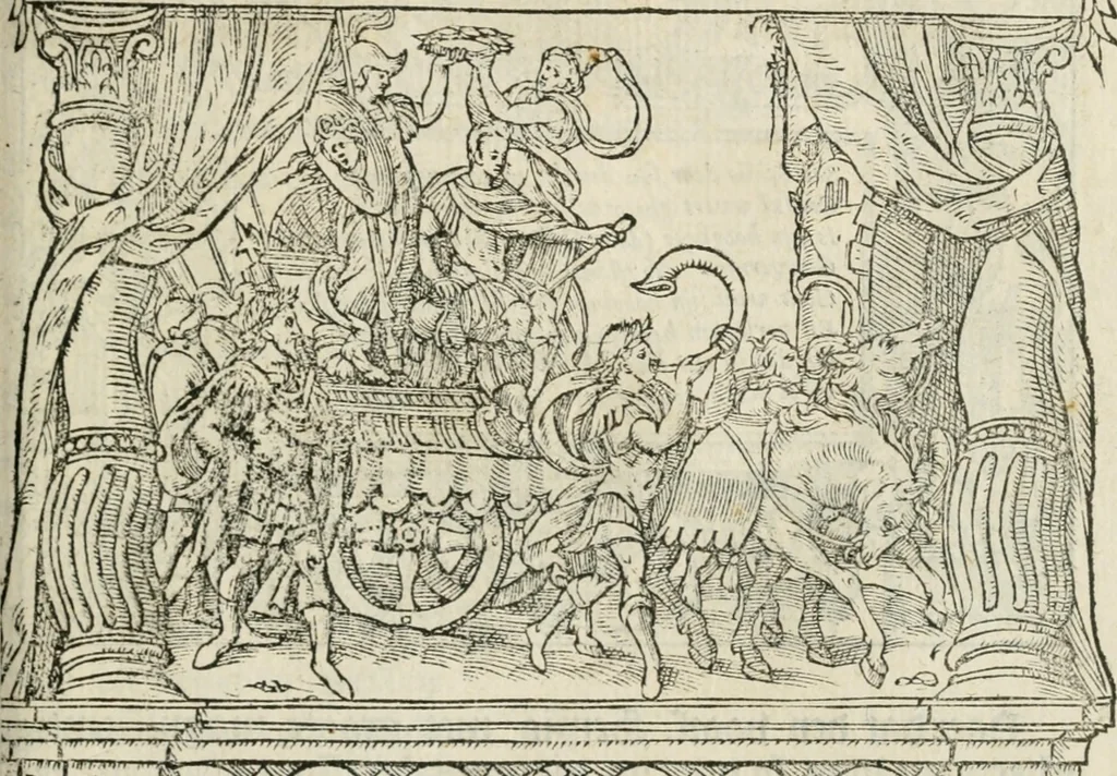 An illustration from Sommare beschrijuinghe vãde triumphelijcke incomst vanden doorluchtighen ende hooghgheboren aerts-hertoge Matthias : binnen die princelijcke stadt van Brussele : in t'iaer ons Heeren M.D.LXXVIII. den xviij dach Januarij : midtsgaders die tanneelen, poincten, figuren ende spectaculen, die inde voorseyde incompste (ter eeren van sijne doorluchticheyt) zijn verthoont ghevveest, met meer ander saken, die doen ter tijt gheschiet zijn, 1579, leaf 90