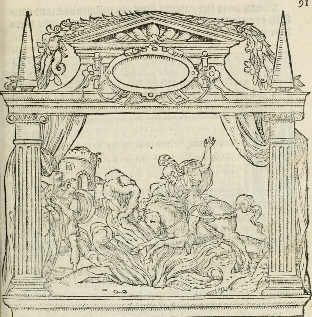 An illustration from Sommare beschrijuinghe vãde triumphelijcke incomst vanden doorluchtighen ende hooghgheboren aerts-hertoge Matthias : binnen die princelijcke stadt van Brussele : in t'iaer ons Heeren M.D.LXXVIII. den xviij dach Januarij : midtsgaders die tanneelen, poincten, figuren ende spectaculen, die inde voorseyde incompste (ter eeren van sijne doorluchticheyt) zijn verthoont ghevveest, met meer ander saken, die doen ter tijt gheschiet zijn, 1579, leaf 96