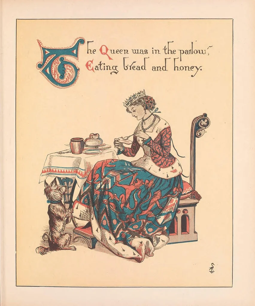 An illustration from The song of sixpence picture book : containing Sing a song of sixpence, Princess Belle Etoile, An alphabet of old friends, 1909, leaf 23