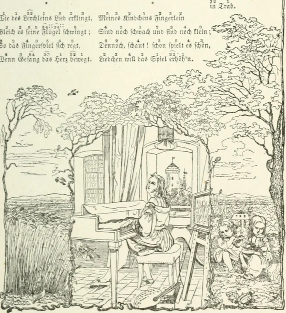 An illustration from The Songs and music of Friedrich Froebel's Mother play : (Mutter und kose lieder) : songs newly translated and furnished with new music, 1895, leaf 80