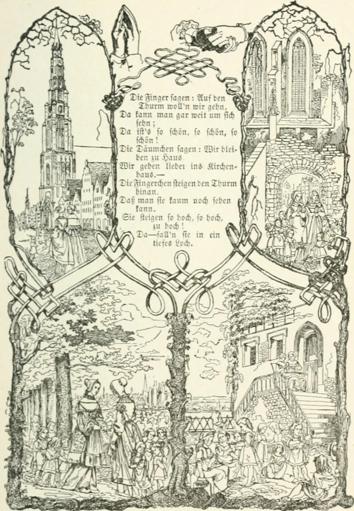An illustration from The Songs and music of Friedrich Froebel's Mother play : (Mutter und kose lieder) : songs newly translated and furnished with new music, 1895, leaf 84
