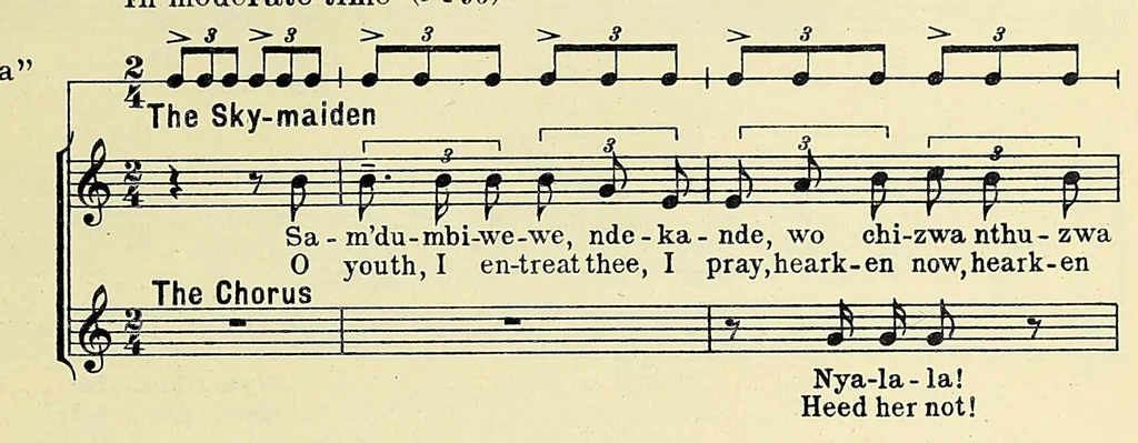 An illustration from Songs and tales from the dark continent, recorded from the singing and the sayings of C. Kamba Simango ... and Madikane Cele .., 1920, leaf 173