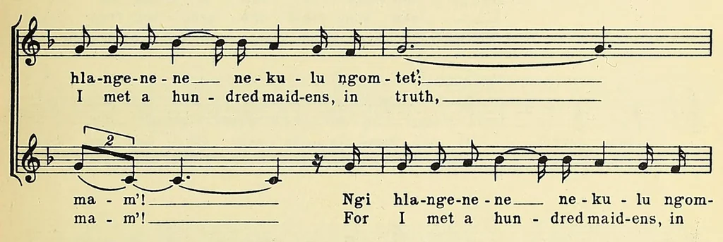 An illustration from Songs and tales from the dark continent, recorded from the singing and the sayings of C. Kamba Simango ... and Madikane Cele .., 1920, leaf 193
