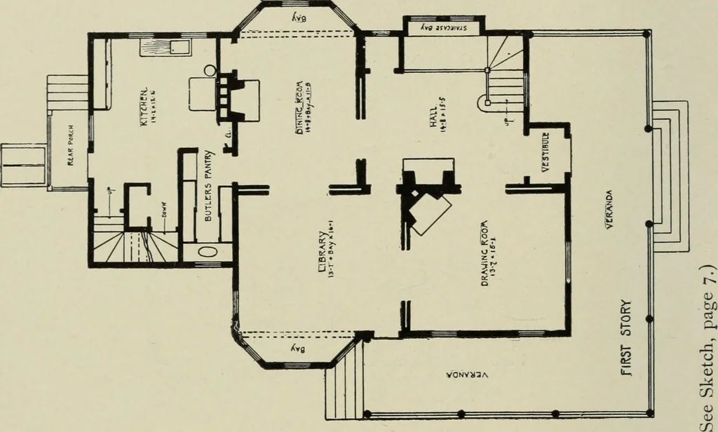 An illustration from Sound sense in suburban architecture, containing hints, suggestions, and bits of practical information for the building of inexpensive country houses, 1893, leaf 43