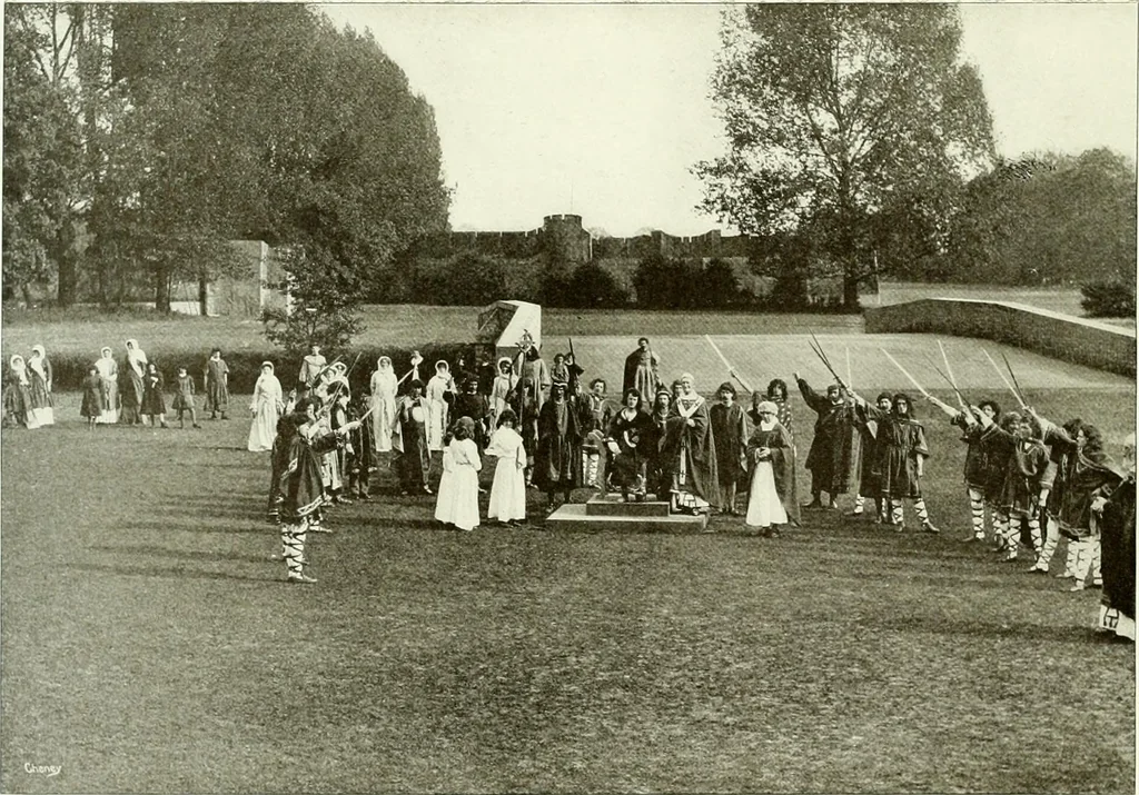 An illustration from Souvenir of the Oxford historical pageant : in aid of the Radcliffe Infirmary, Oxford Eye Hospital, etc., commemoration, 1907, June 27th 28th, 29th, and July 1st, 2d and 3d, 1907, leaf 33
