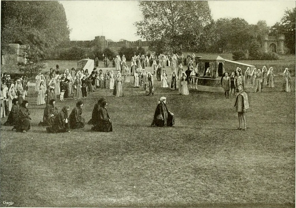 An illustration from Souvenir of the Oxford historical pageant : in aid of the Radcliffe Infirmary, Oxford Eye Hospital, etc., commemoration, 1907, June 27th 28th, 29th, and July 1st, 2d and 3d, 1907, leaf 37