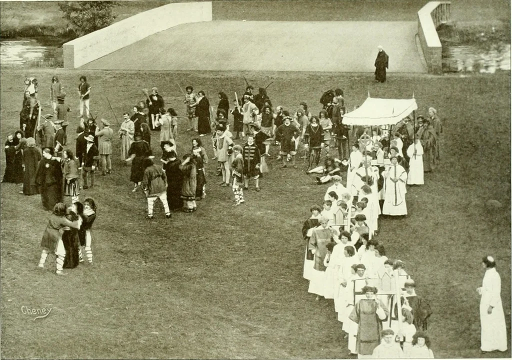 An illustration from Souvenir of the Oxford historical pageant : in aid of the Radcliffe Infirmary, Oxford Eye Hospital, etc., commemoration, 1907, June 27th 28th, 29th, and July 1st, 2d and 3d, 1907, leaf 40