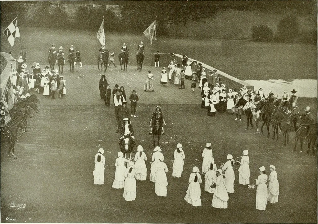 An illustration from Souvenir of the Oxford historical pageant : in aid of the Radcliffe Infirmary, Oxford Eye Hospital, etc., commemoration, 1907, June 27th 28th, 29th, and July 1st, 2d and 3d, 1907, leaf 57