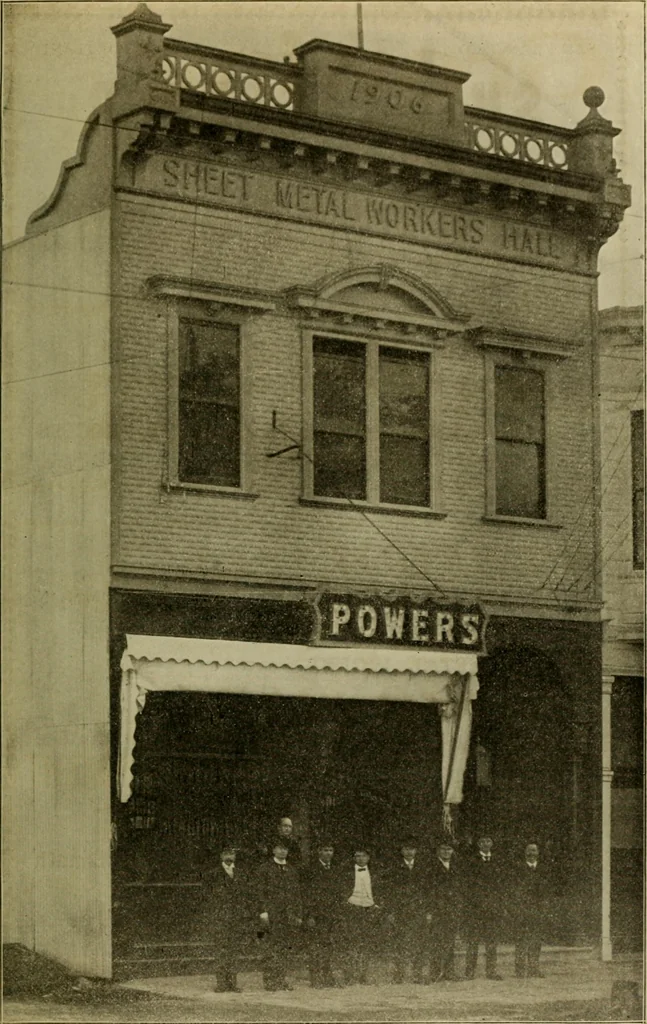 An illustration from Souvenir pictorial history of Local Union no. 104, San Francisco, California, affiliated with Amalgamated Sheet Metal Workers' International Alliance and American Federation of Labor, in honor and commemoration of its twenty-five years of growth and progress, 1910, leaf 30