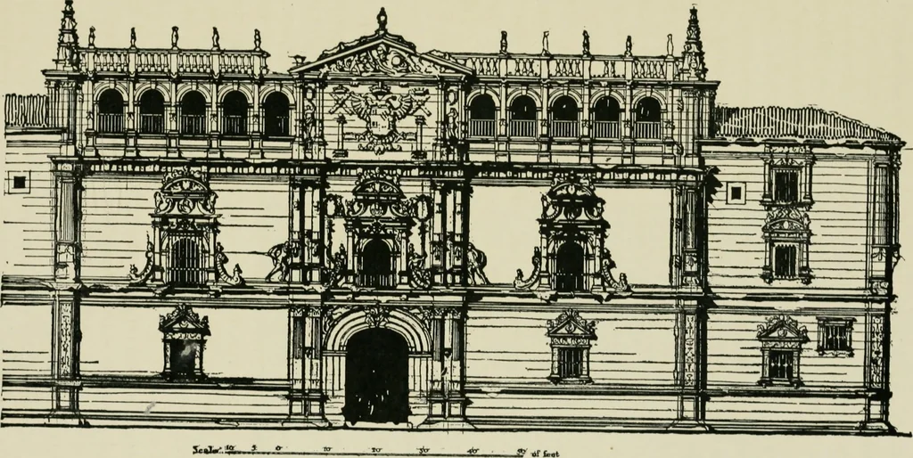 An illustration from Spanish architecture of the sixteenth century; general view of the plateresque and Herrera styles, 1917, leaf 98