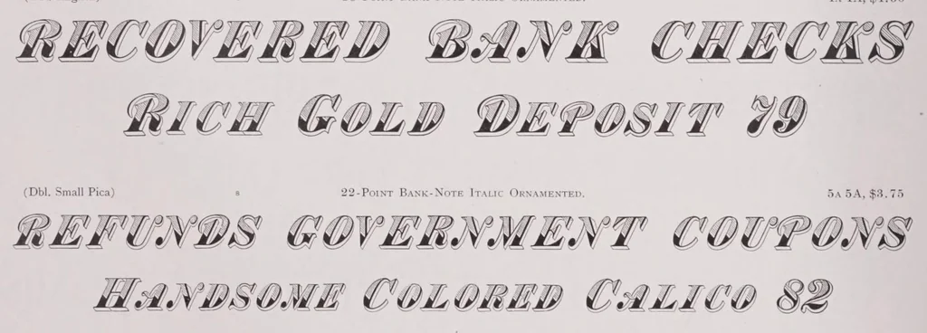 An illustration from Specimen book from the Boston type foundry ...containing also a complete price list of printing material., 1889, leaf 222
