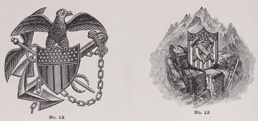 An illustration from Specimen book of type faces,showing the machine and foundry faces of body and display letters, accents, piece fractions, superiors and inferiors, rule, dashes, signs, seals, cuts,, 1909, leaf 110