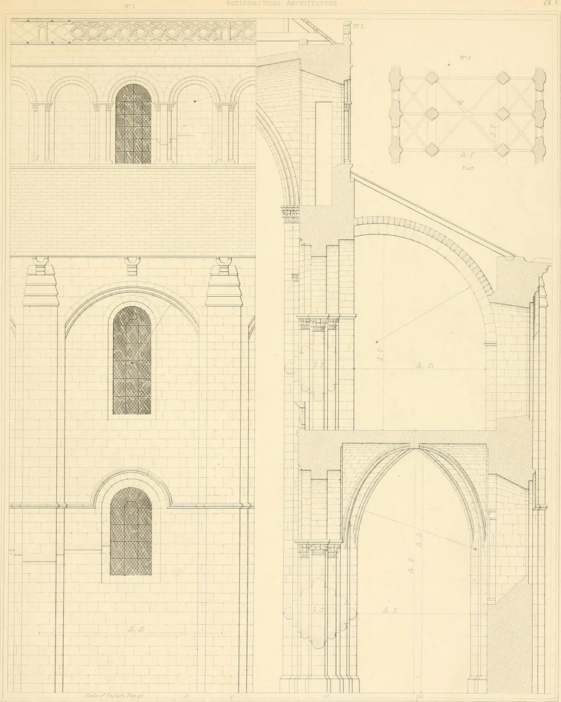 An illustration from Specimens of the architecture of Normandy, from the 16th to the 17th century. Engraved by John and Henry Le Keux, 1874, leaf 116