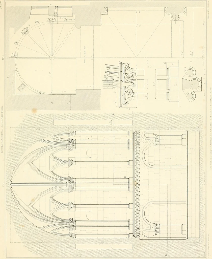An illustration from Specimens of the architecture of Normandy, from the 16th to the 17th century. Engraved by John and Henry Le Keux, 1874, leaf 120